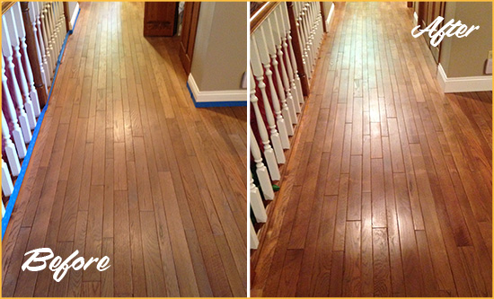 Before and After Picture of a Knob Hill Wood Sand Free Refinishing Service on a Worn Out Floor