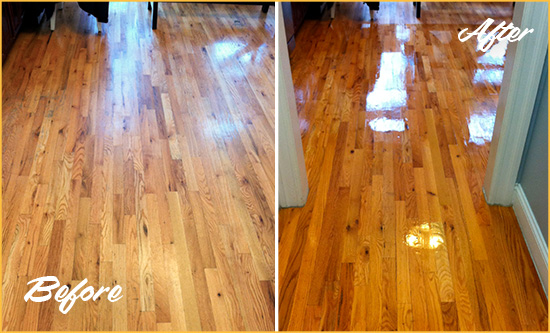 Before and After Picture of a Gleneagle Wood Sand Free Refinishing Service on a Worn Out Hallway