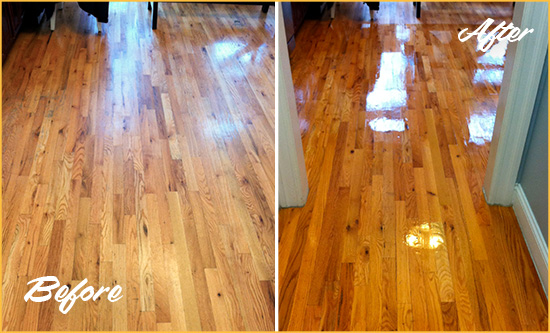 Before and After Picture of a Monument Wood Sand Free Refinishing Service on a Worn Out Hallway