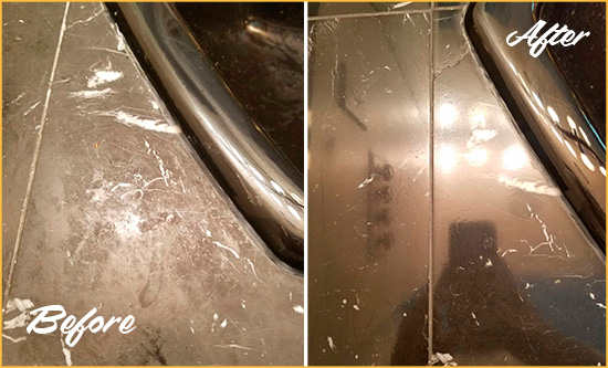 Before and After Picture of a Fountain Marble Countertop Cleaned to Remove Deep Dirt