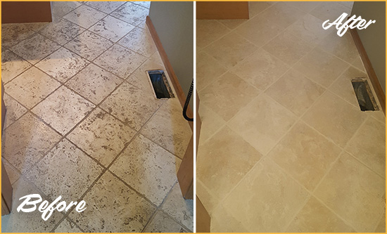 Before and After Picture of a Green Mountain Hills Kitchen Marble Floor Cleaned to Remove Embedded Dirt