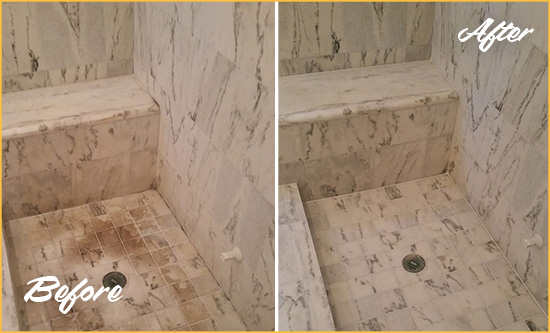 Before and After Picture of a Dirty Flying Horse MD No. 2 Marble Shower Cleaned to Eliminate Dark Stains