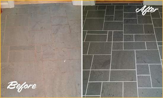 Before and After Picture of a Flying Horse MD No. 2 Slate Floor Cleaned to Remove Deep-Seated Dirt