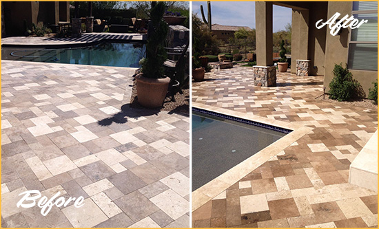 Before and After Picture of a Dull Divide Travertine Pool Deck Cleaned to Recover Its Original Colors