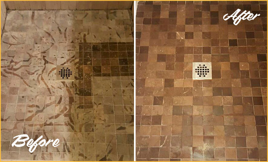 Before and After Picture of a Stained Colorado Springs Marble Shower Floor Cleaned to Remove Etching