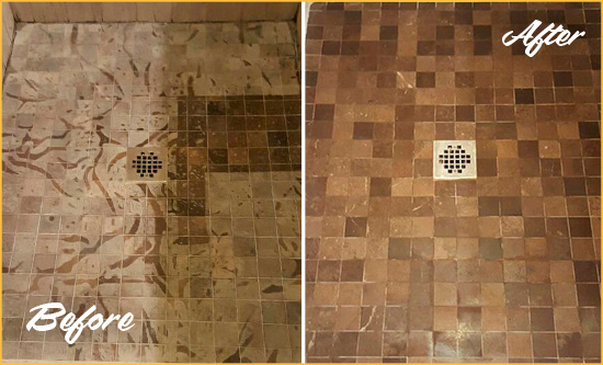 Before and After Picture of a Stained Castle Rock Marble Shower Floor Cleaned to Remove Etching