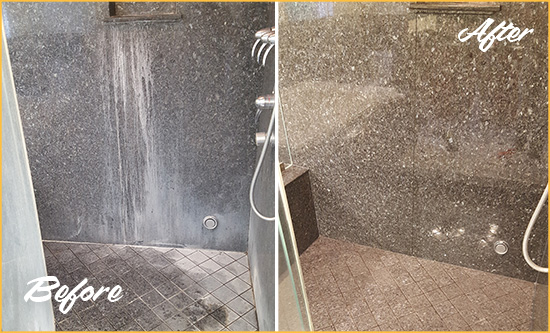 Before and After Picture of a Divide Granite Shower Cleaned to Remove Mineral Deposits