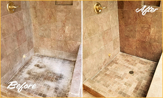 Before and After Picture of a Castle Pines Travertine Shower Cleaned to Eliminate Water Spots