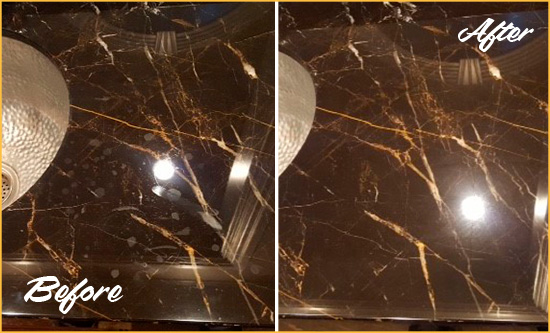 Before and After Picture of a Gleneagle Marble Countertop Cleaned to Remove Water Spots