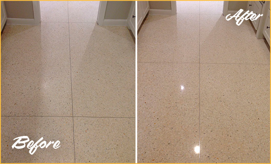 Before and After Picture of a Divide Granite Floor Sealed for Stone Protection