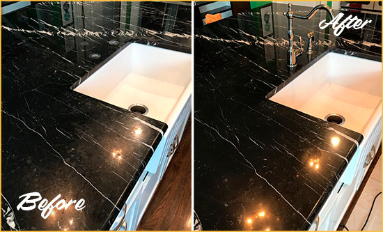 Before and After Picture of a Gleneagle Marble Kitchen Countertop Stone Sealed to Avoid Water Damage