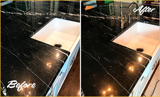 Before and After Picture of a Knob Hill Marble Kitchen Countertop Stone Sealed to Avoid Water Damage