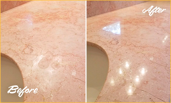 Before and After Picture of a Gleneagle Marble Stone Vanity Top Sealed to Avoid Water Marks