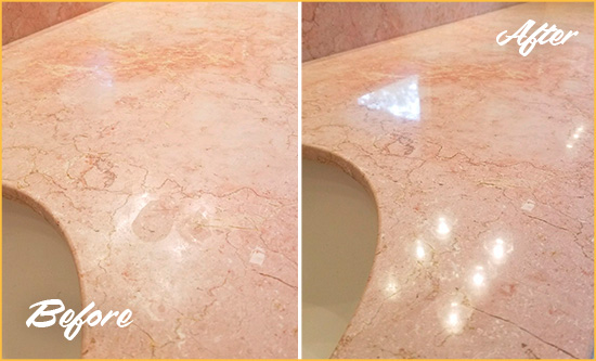 Before and After Picture of a Fountain Marble Stone Vanity Top Sealed to Avoid Water Marks