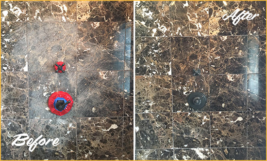 Before and After Picture of a Triview Marble Shower Honed to Remove Scratches