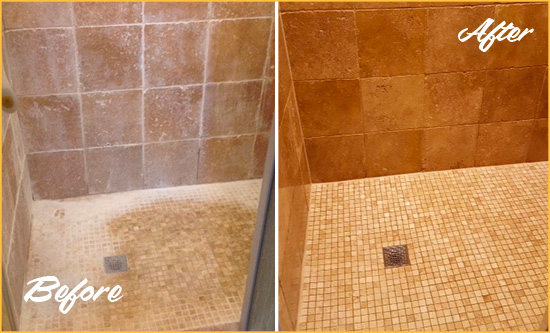 Before and After Picture of a Ramah Travertine Shower Honed to Remove Mineral Deposits