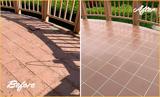 Before and After Picture of a Castle Rock Hard Surface Restoration Service on a Tiled Deck