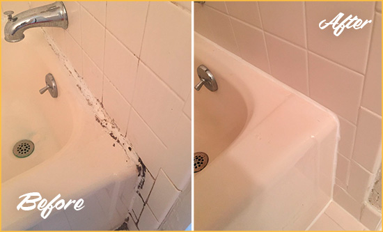 Before and After Picture of a Stratmoor Hard Surface Restoration Service on a Tile Shower to Repair Damaged Caulking