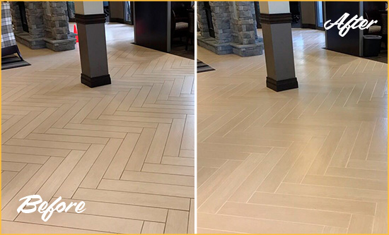 Before and After Picture of a Flying Horse MD No. 2 Hard Surface Restoration Service on an Office Lobby Tile Floor to Remove Embedded Dirt