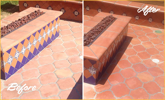 Before and After Picture of a Divide Hard Surface Restoration Service on a Dull Terracotta Patio Floor to Recover Its Color