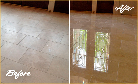 Before and After Picture of a Woodmen Road Hard Surface Restoration Service on a Dull Travertine Floor Polished to Recover Its Splendor