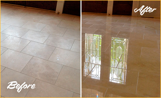 Before and After Picture of a Calhan Hard Surface Restoration Service on a Dull Travertine Floor Polished to Recover Its Splendor