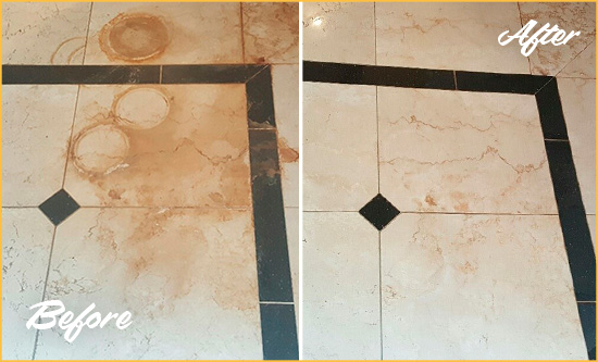 Before and After Picture of a Triview Hard Surface Restoration Service on a Marble Floor to Eliminate Rust Stains