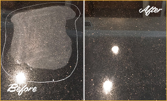 Before and After Picture of a Flying Horse MD No. 2 Hard Surface Restoration Service on a Granite Countertop to Remove Scratches