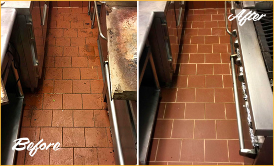 Before and After Picture of a Flying Horse MD No. 2 Hard Surface Restoration Service on a Restaurant Kitchen Floor to Eliminate Soil and Grease Build-Up