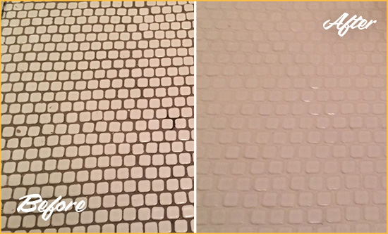 Before and After Picture of a Fort Carson Hard Surface Restoration Service on a Bathroom Tile Floor Recolored to Fix Grout Color