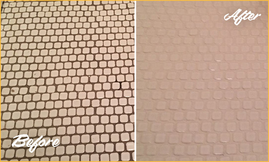 Before and After Picture of a Peyton Hard Surface Restoration Service on a Bathroom Tile Floor Recolored to Fix Grout Color