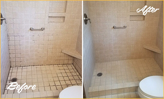 Before and After Picture of a Falcon Shower Grout Cleaned to Remove Mold