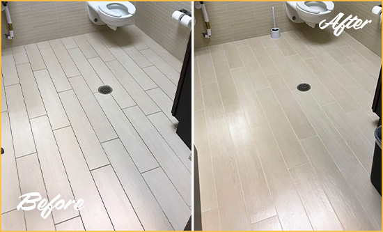 Before and After Picture of a Fort Carson Office Restroom's Grout Cleaned to Remove Dirt