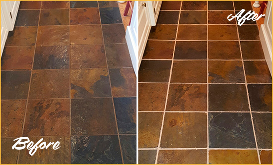 Before and After Picture of Fort Carson Slate Floor Grout Cleaned to Remove Dirt