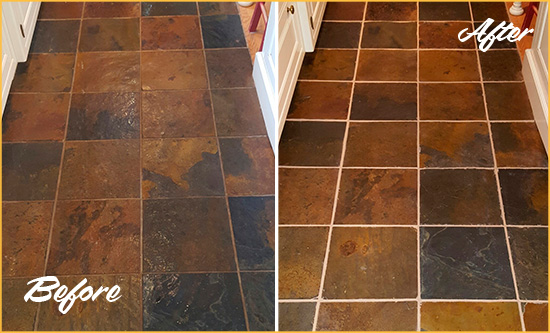 Before and After Picture of Falcon Slate Floor Grout Cleaned to Remove Dirt