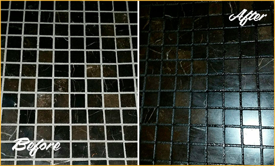 Before and After Picture of a Fort Carson Black Floor with Recolored Grout
