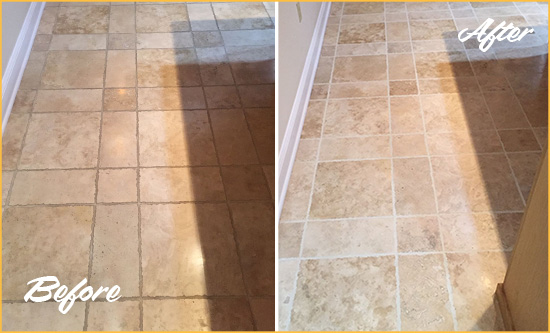 Before and After Picture of a Woodmoor Travertine Kitchen Floor Recolored Grout