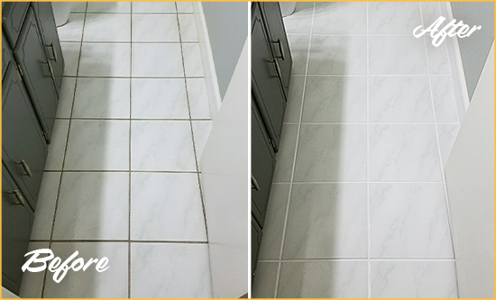 Before and After Picture of a Ramah White Ceramic Tile with Recolored Grout