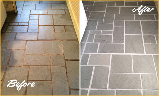 Before and After Picture of Damaged Gleneagle Slate Floor with Sealed Grout