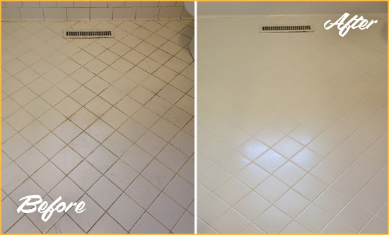Before and After Picture of a Green Mountain Hills White Bathroom Floor Grout Sealed for Extra Protection