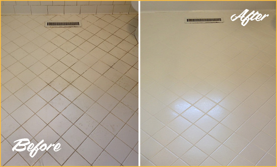 Before and After Picture of a Parker White Bathroom Floor Grout Sealed for Extra Protection