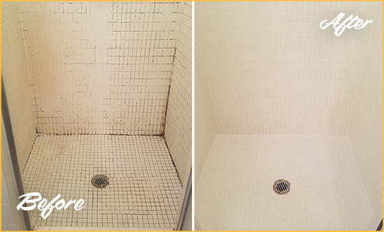 Before and After Picture of a Gleneagle Bathroom Grout Sealed to Remove Mold