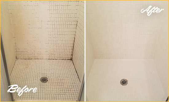 Before and After Picture of a Colorado Springs Bathroom Grout Sealed to Remove Mold