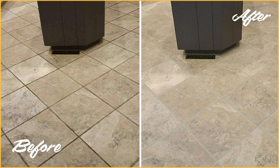 Before and After Picture of a Ramah Kitchen Floor Grout Sealed to Remove Stains