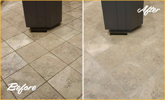 Before and After Picture of a Woodland Park Kitchen Floor Grout Sealed to Remove Stains