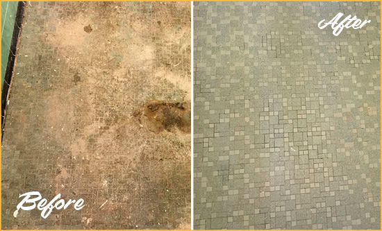 Before and After Picture of a Woodmoor Mosaic Shower Cleaned to Eliminate Embedded Dirt