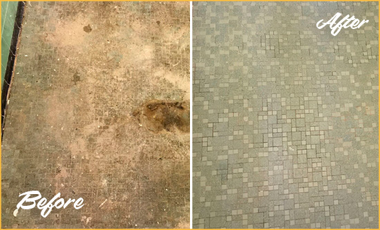 Before and After Picture of a Calhan Mosaic Shower Cleaned to Eliminate Embedded Dirt