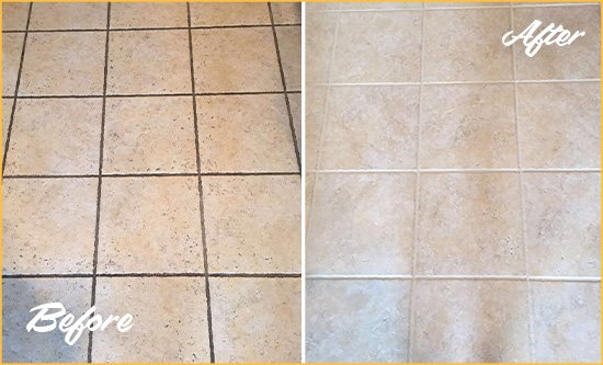 Before and After Picture of a Ceramic Floor Cleaned to Remove Soil