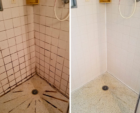Tile Shower Before and After Getting Our Hard Surface Restoration Services in Fountain