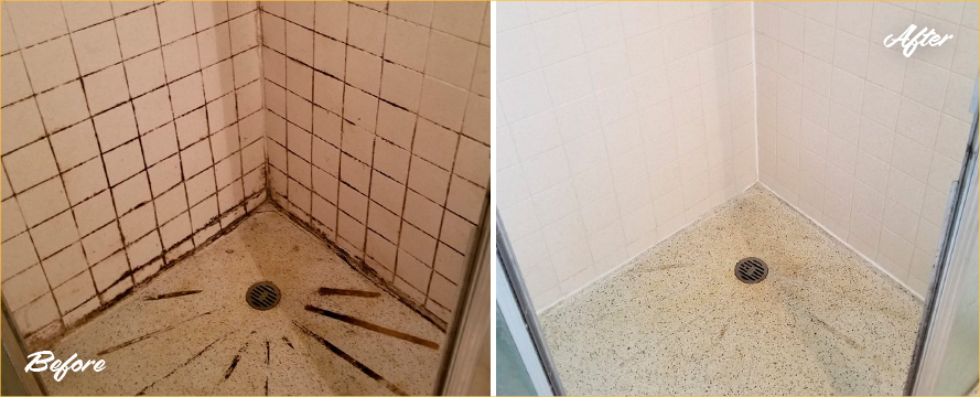 Tile Shower Before and After Getting Our Hard Surface Restoration Services in Fountain